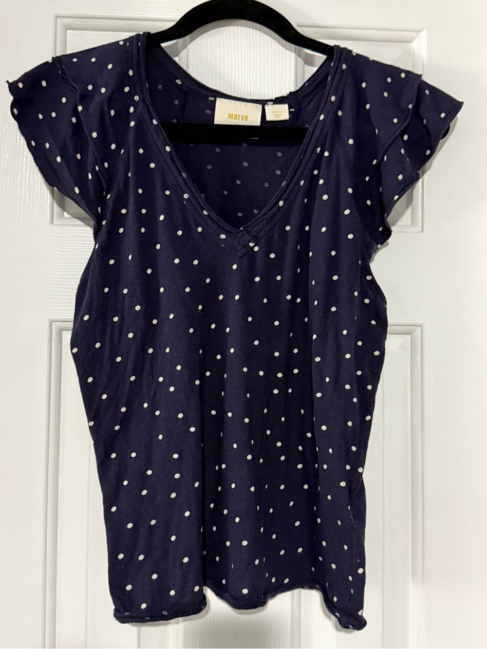 Anthropologie Navy Polka Dot Ruffle-Sleeved Tee - Picture 2 of 5
